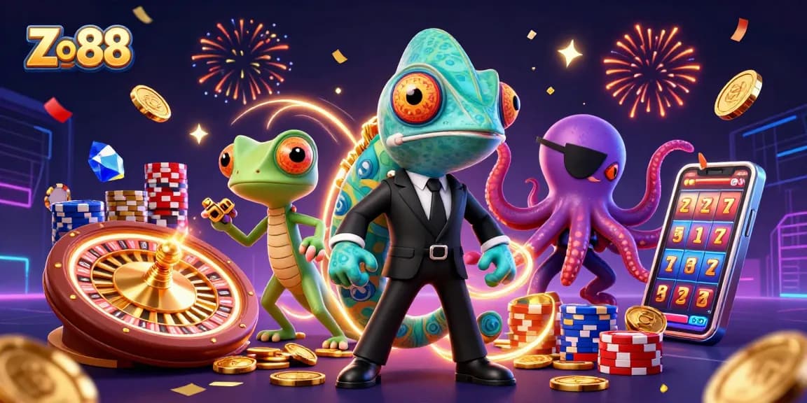 Engage with thrilling gaming moments at Zo88, featuring vibrant characters and dynamic casino elements.