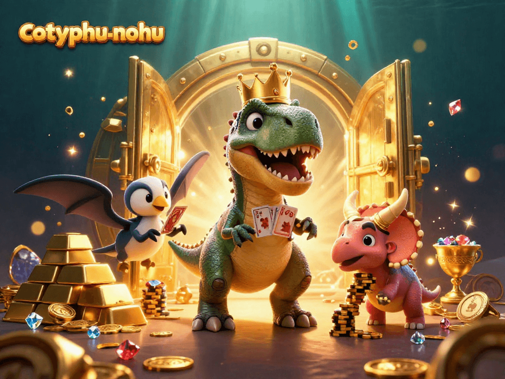Engage with cotyphu-nohu as T-Rex plays cards amidst treasure in an exciting gaming scene.