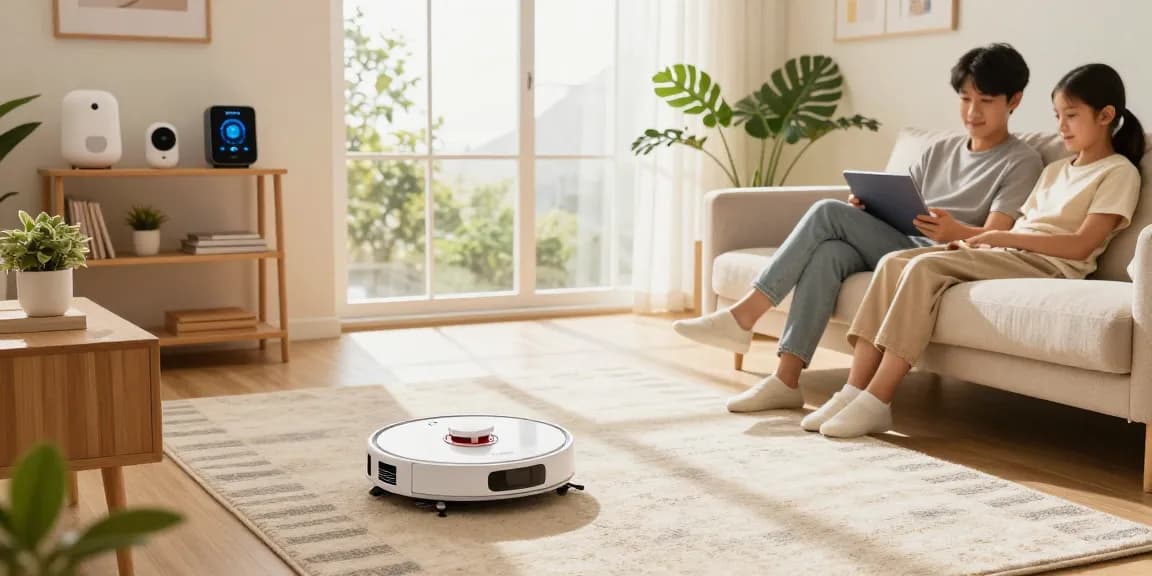 Robot vacuum 2026 effortlessly cleaning a modern living room while family relaxes nearby.