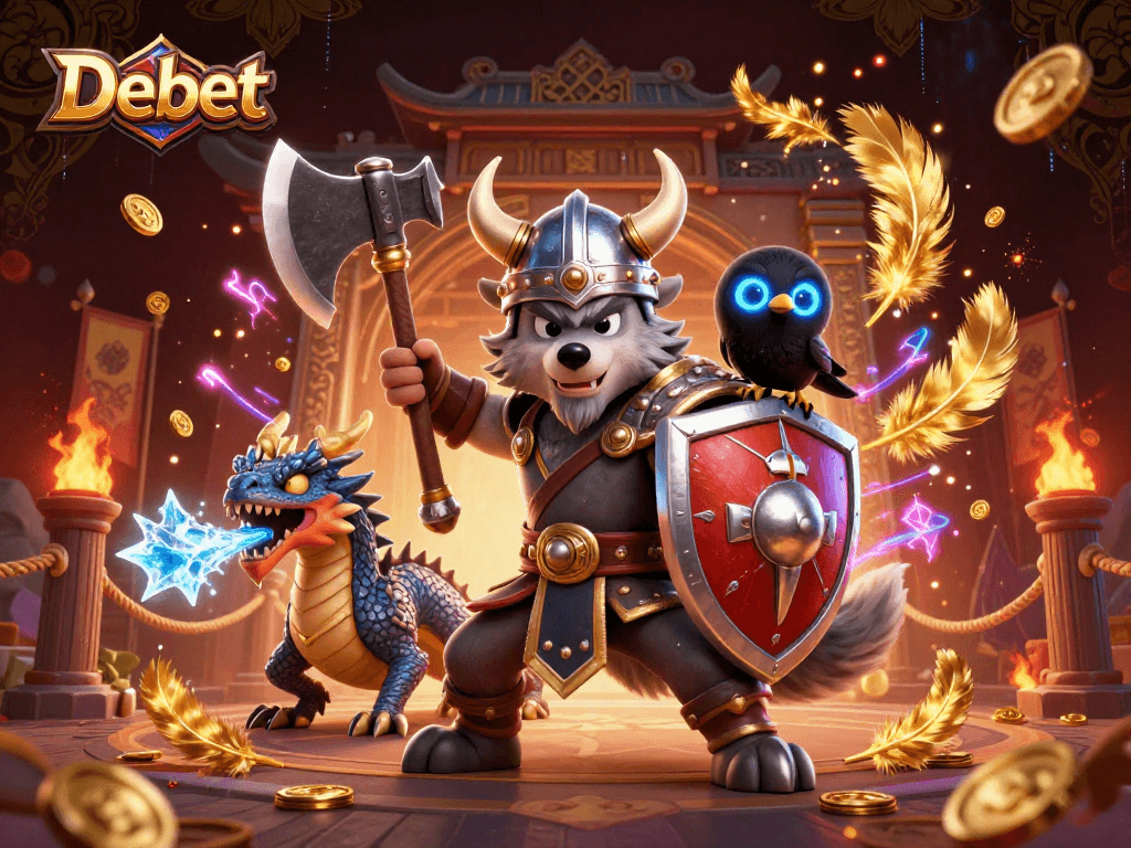 Engage in thrilling gaming adventures with Debet's Viking wolf warrior, fierce dragon, and glowing raven amidst vibrant casino elements.