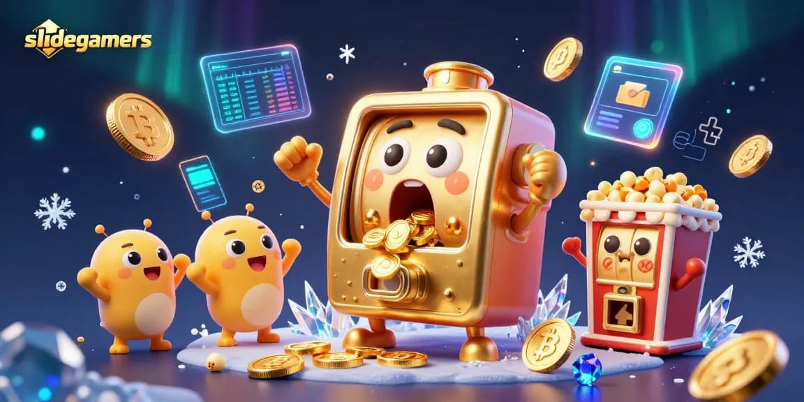 Engage great winnings at slidegamers with animated slot machine hitting jackpots amidst digital crypto elements.
