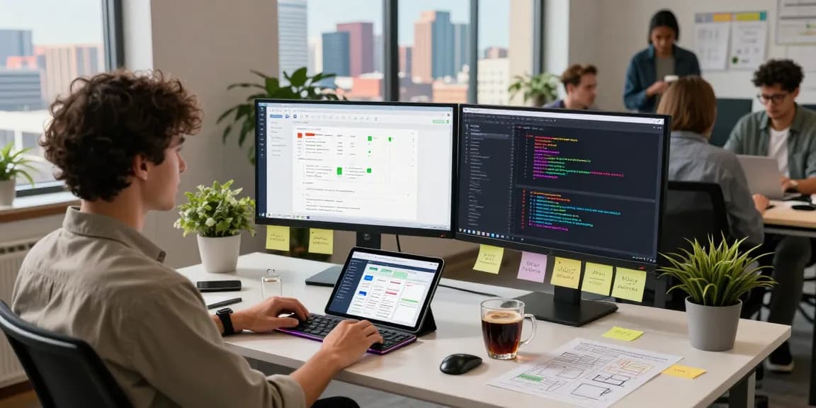 Build internal tools with AI in a dynamic workspace, showcasing a developer at a standing desk with code editor and project management tools.