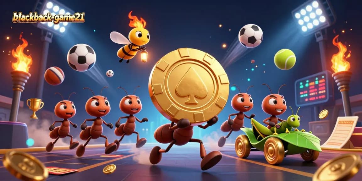 Win big with blackjack-game21 as cartoon ants navigate a heist for a giant poker chip.