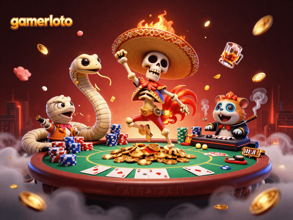 Experience the excitement of gamerloto with a vibrant 3D casino scene featuring a dancing mariachi rooster.