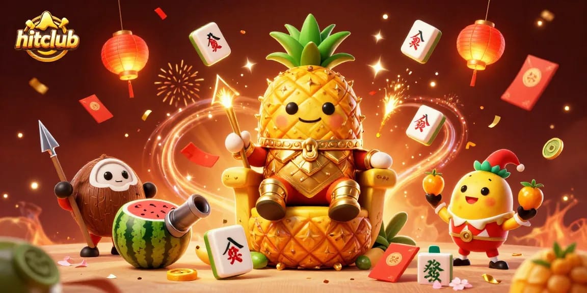 Hitclub's vibrant casino scene features a pineapple king with coconut bodyguards, showcasing excitement.