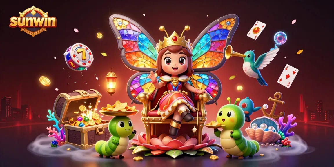 sunwin offers an enchanting casino scene with a butterfly queen, mesmerizing slots, and vibrant treasures.