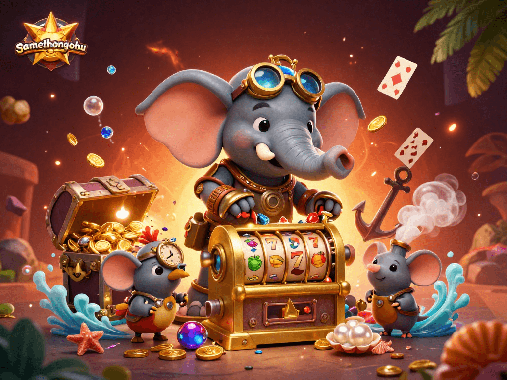 Experience gamethuongnohu action with a vibrant 3D scene of steampunk characters and slot machines.