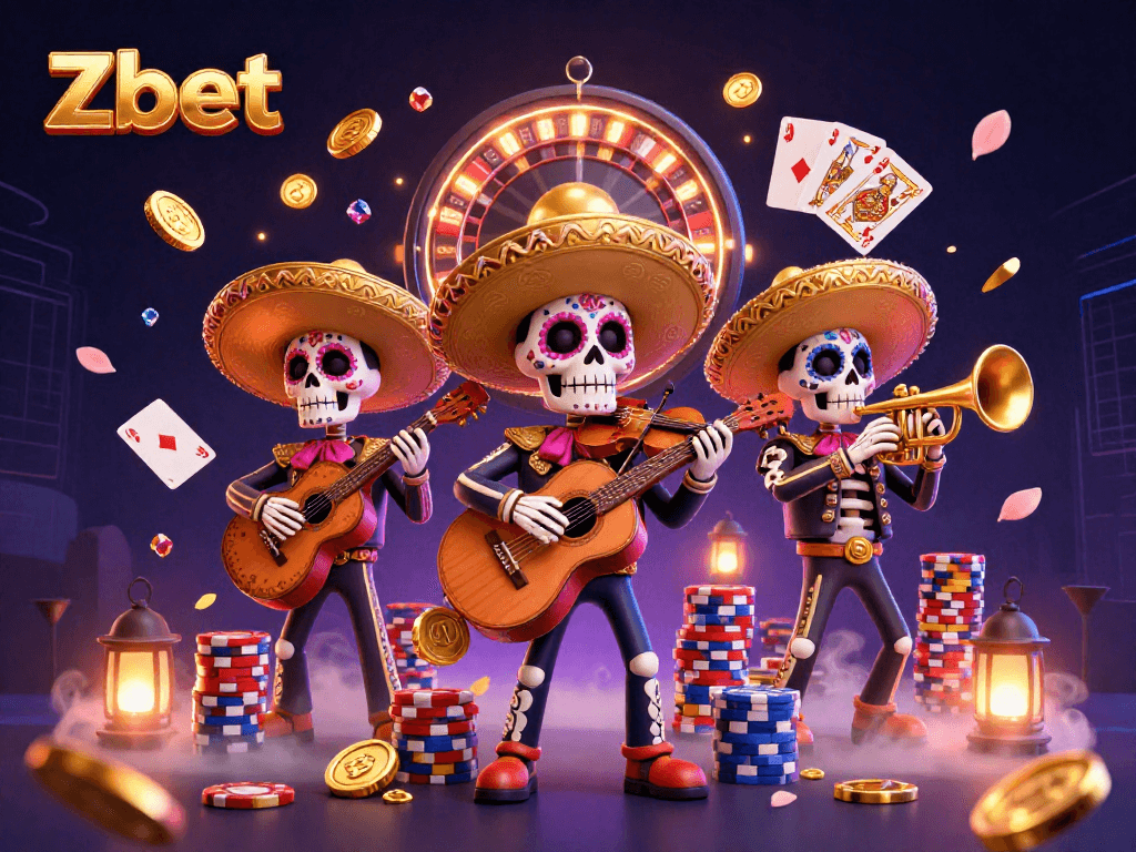Zbet features colorful skeleton mariachi band amidst a vibrant casino scene filled with treasures and games.