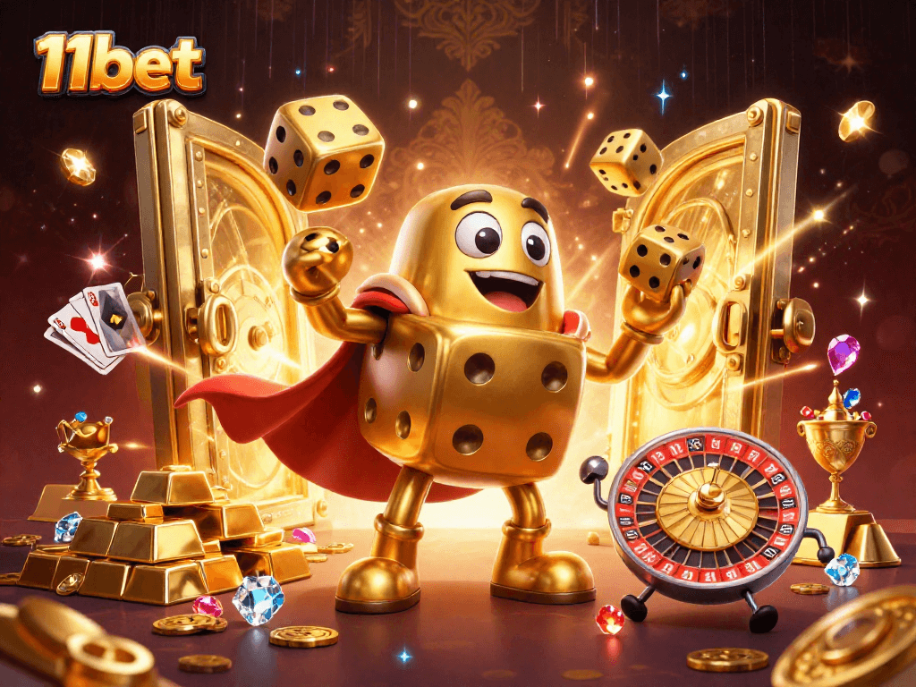 Experience thrilling wins at 11bet with lively golden dice characters amidst sparkling treasures.