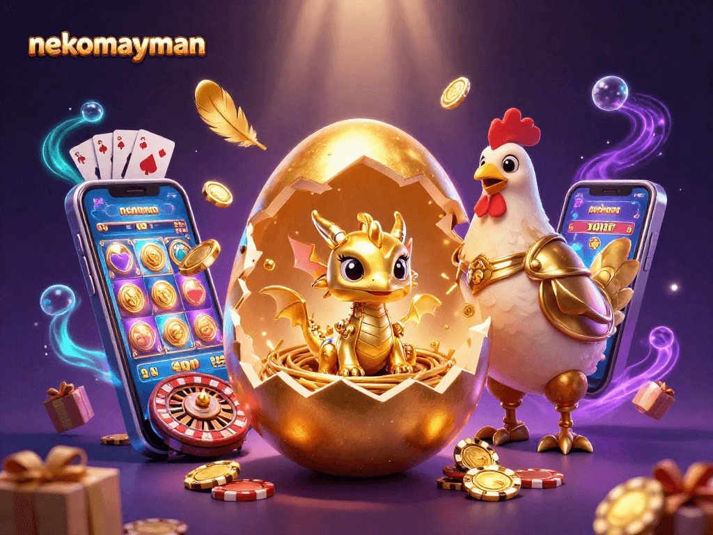 Neko May Mắn showcases a dazzling dragon of gold among poker chips, illuminating gaming with excitement.