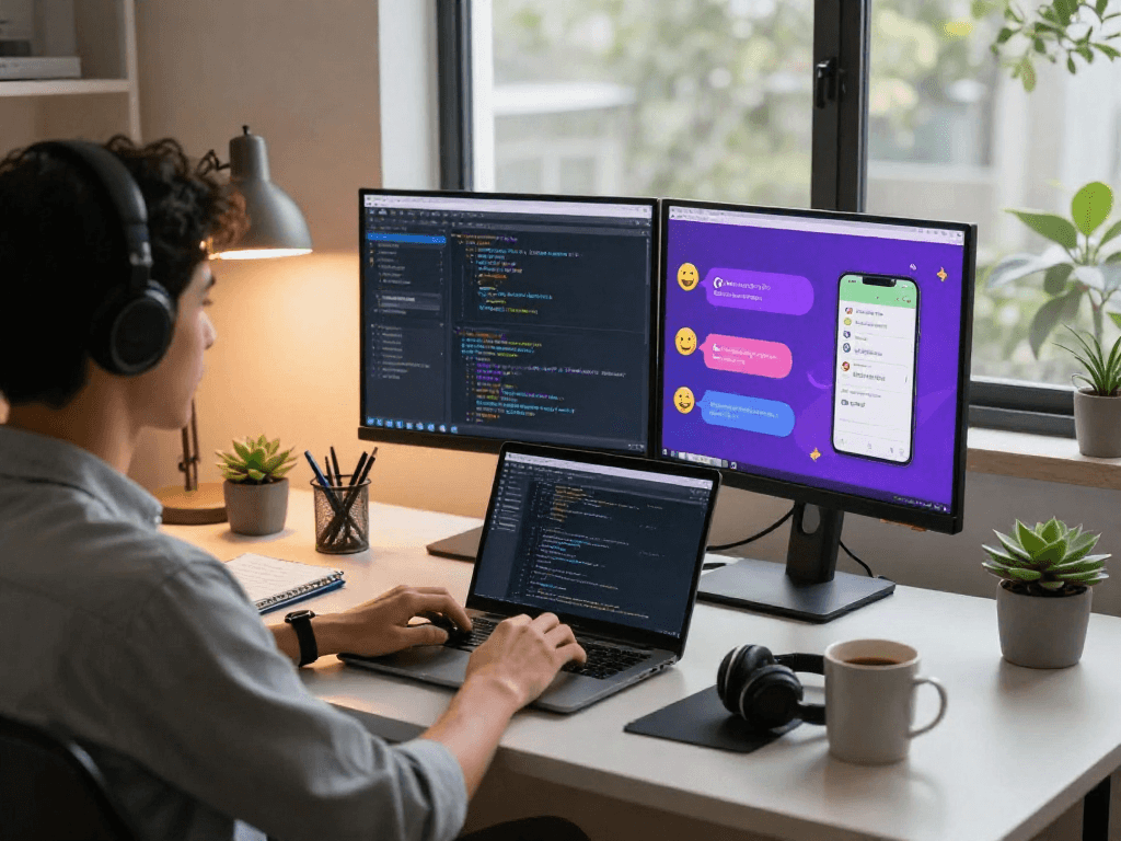 Engaging in nsfw ai chat on dual screen setup in modern home office.
