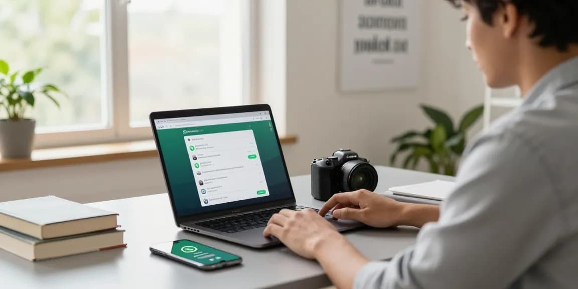 WhatsApp下載 on a laptop showcasing features and notifications in a modern home office.