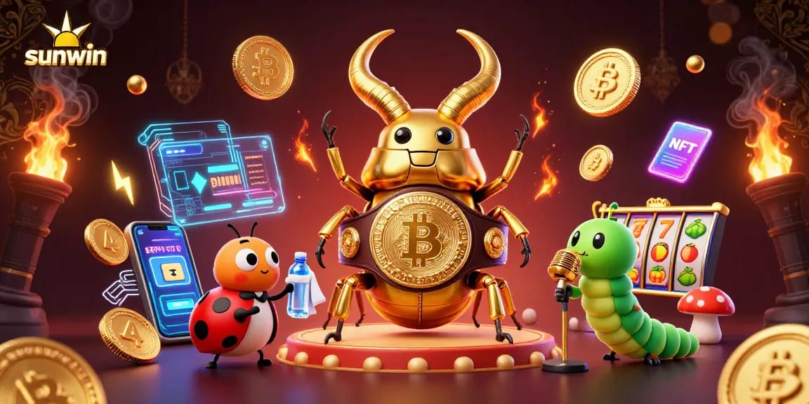 Engage with sunwin in a vibrant casino scene featuring a giant stag beetle boxing champion, with crypto coins and slot elements.
