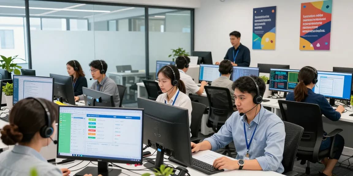 Call centre software in action with agents collaborating in a vibrant office