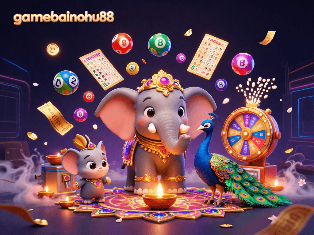 Experience the thrill of gamebainohu88 with dynamic lottery balls and vibrant casino elements in a captivating 3D scene.