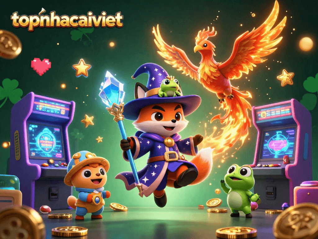 Engage in thrilling gaming with topnhacaiviet, featuring a wizard fox and phoenix in a vibrant casino scene.
