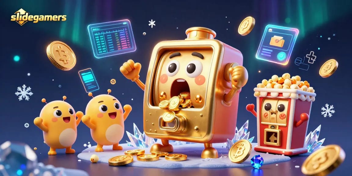 Engage great winnings at slidegamers with animated slot machine hitting jackpots amidst digital crypto elements.