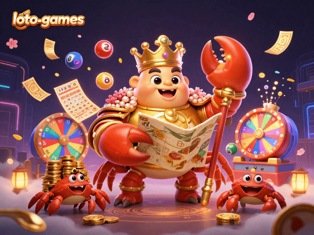 Engage with loto-games in this vibrant illustration featuring a golden crab emperor and lottery elements!