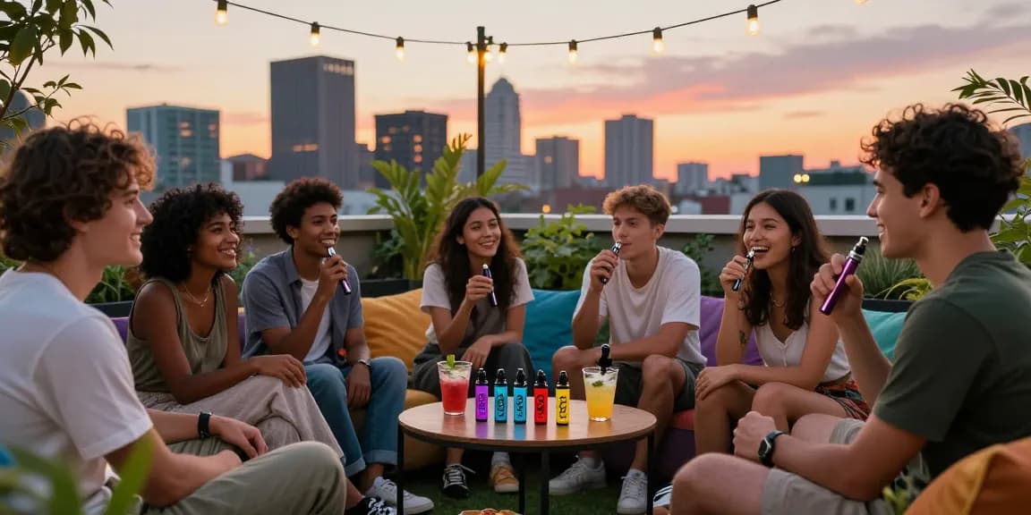 Friends enjoying THC pens in a cozy rooftop garden at sunset.