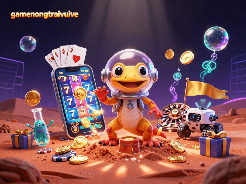 Experience gamenongtraivuive excitement with animated 3D characters discovering a vibrant casino