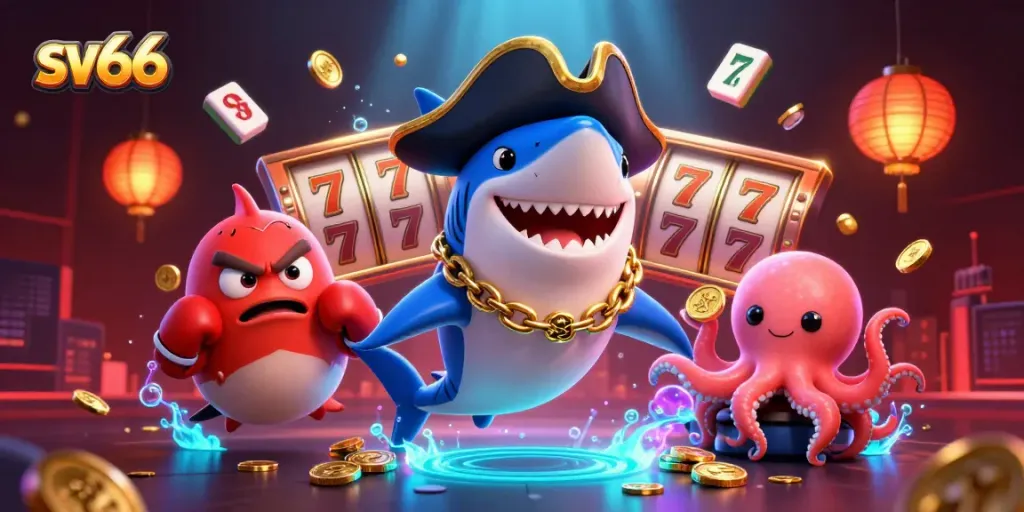 Engage with sv66's dynamic casino adventures featuring lively cartoon characters, slots, and golden coins.