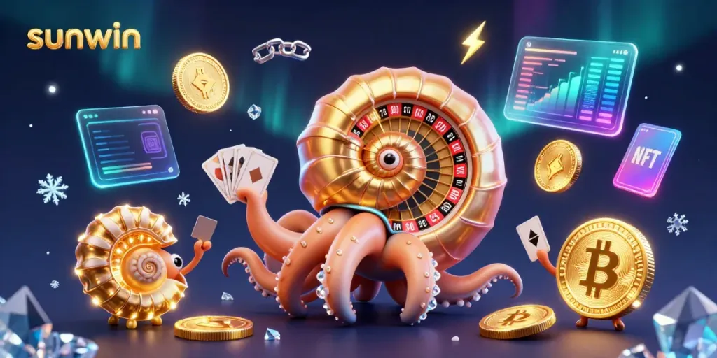 Experience thrilling gameplay with sunwin's vibrant 3D nautilus and glowing crypto elements, showcasing gaming excitement.