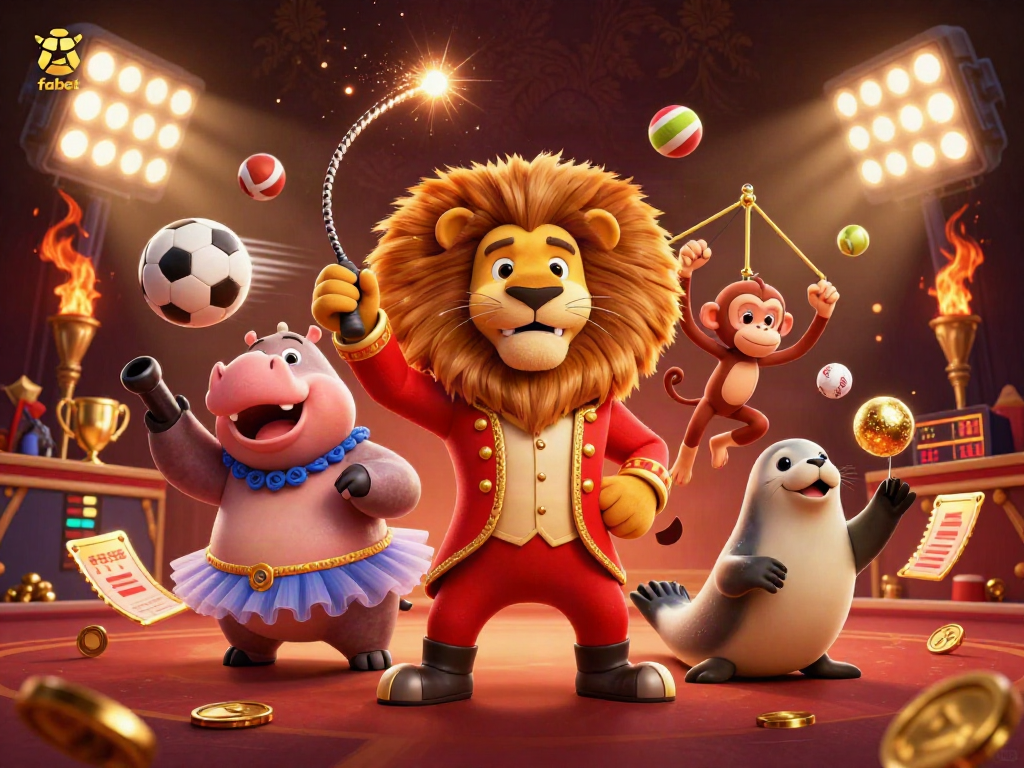 Experience the thrill of fabet with energetic circus characters cracking whips and juggling amidst dynamic sports betting elements.
