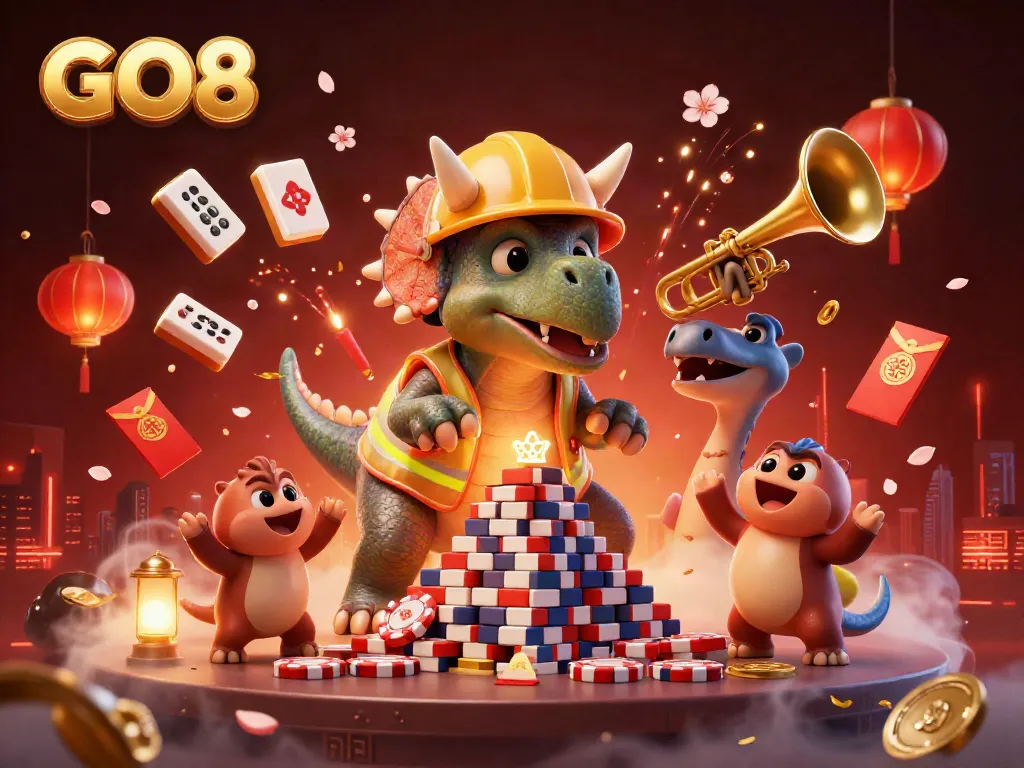 Celebrate big wins at GO8 with a lively casino scene featuring cartoon dinosaurs building poker chip pyramids.