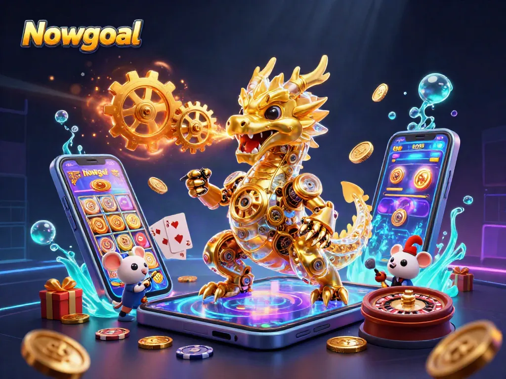 Engage with Nowgoal as a dynamic gambling platform showcasing a golden dragon amidst casino elements.