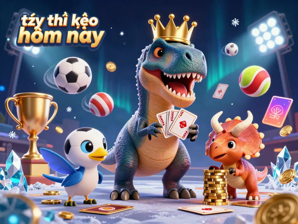 Engaging scene depicting cute dinosaur characters exploring sports betting with tỷ lệ kèo hôm nay
