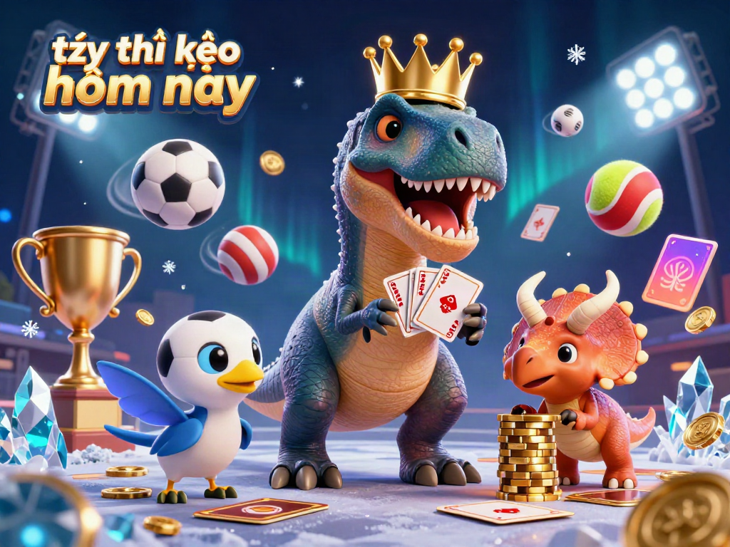Engaging scene depicting cute dinosaur characters exploring sports betting with tỷ lệ kèo hôm nay