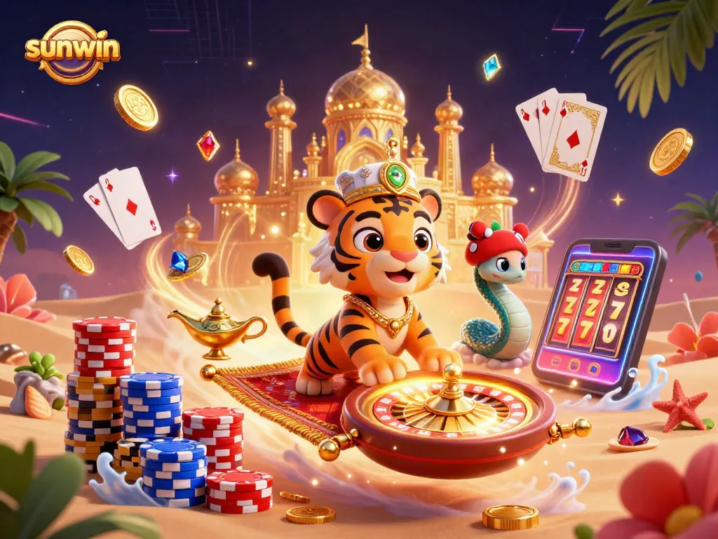 Experience thrilling gameplay with sunwin's vibrant casino scene featuring slot reels, a tiger sultan, and magical treasures.