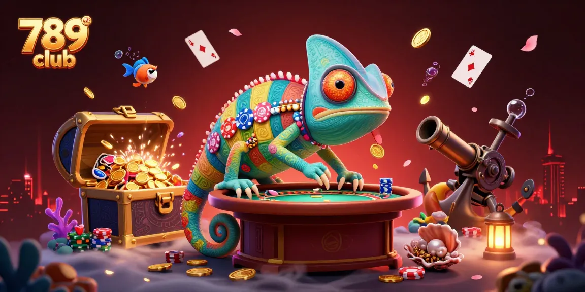 Engage with the exciting atmosphere of the 789 club as a colorful chameleon casino owner attracts gold coins.