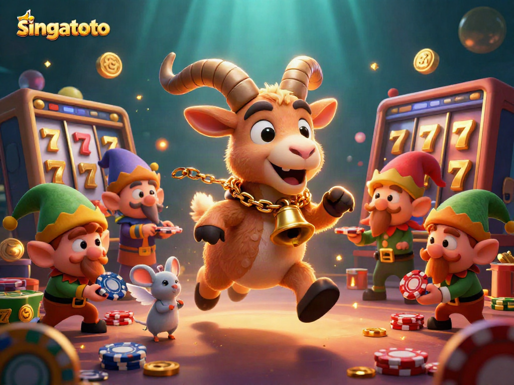 Engage in thrilling gameplay with singatoto featuring Krampus goat and festive elements in a vibrant casino scene.