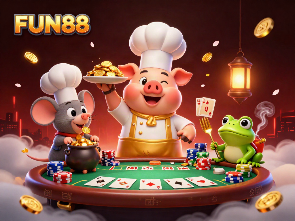 Engage with FUN88's vibrant casino scene featuring a chef pig serving gold coins, perfect for online gamblers.