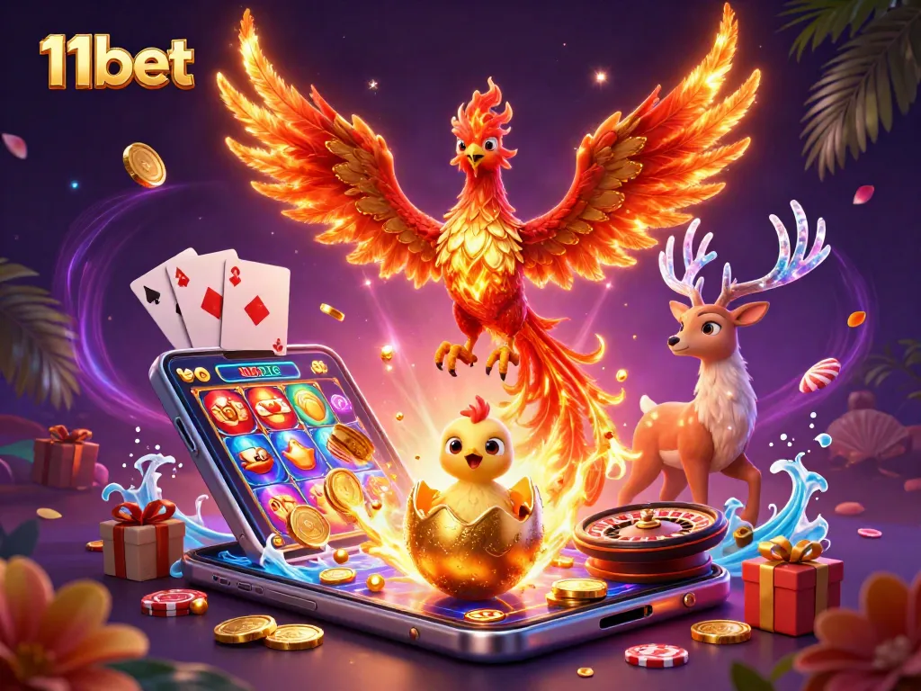 Win big at 11bet with vibrant casino action featuring a phoenix, golden egg, and dynamic gaming elements.