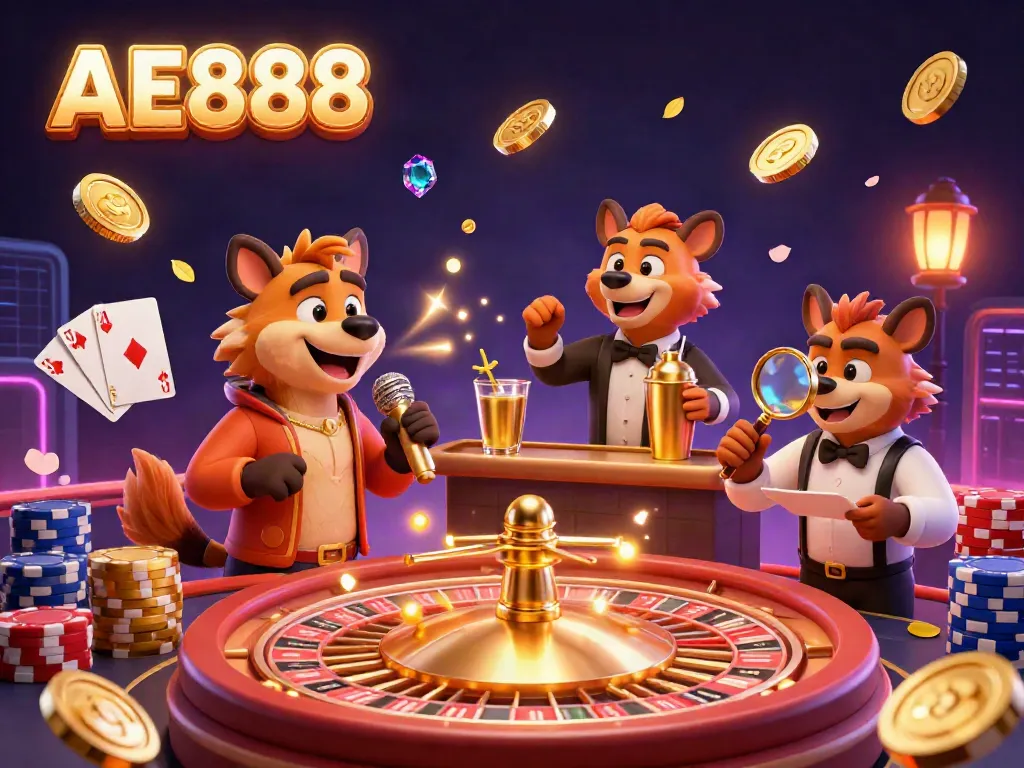 Experience the lively casino atmosphere of AE888 with hyenas entertaining guests, surrounded by vibrant gaming elements.