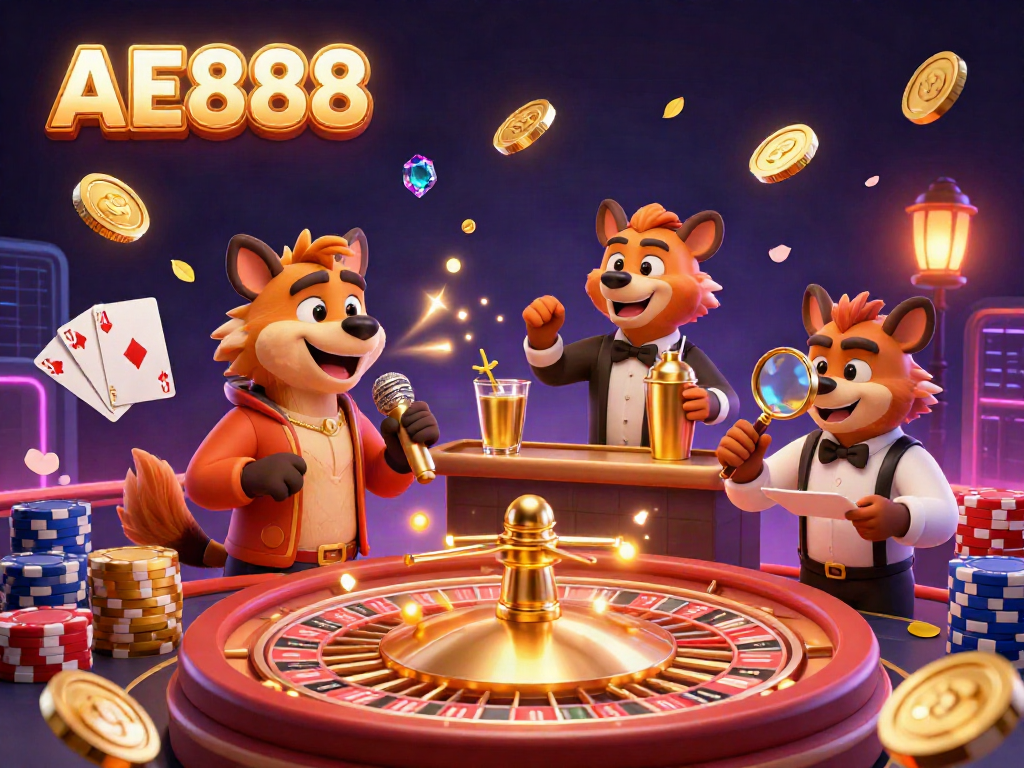 Experience the lively casino atmosphere of AE888 with hyenas entertaining guests, surrounded by vibrant gaming elements.