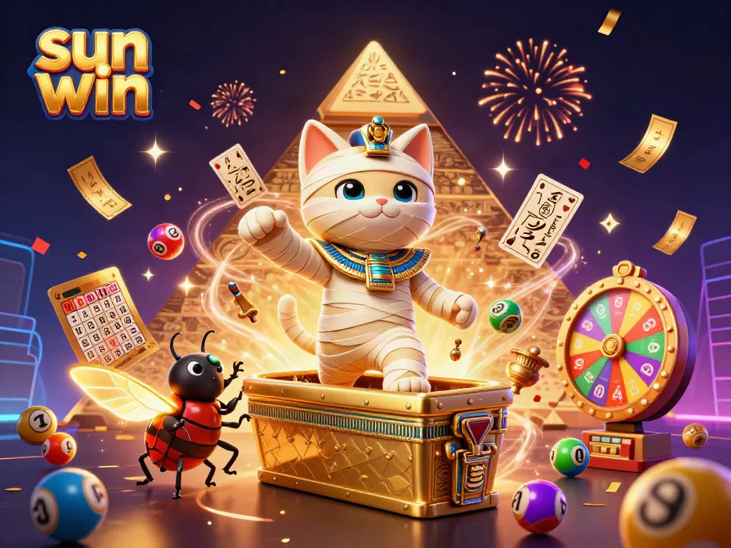 Experience the thrilling world of sun win with a dynamic casino scene featuring a mummy cat and gold