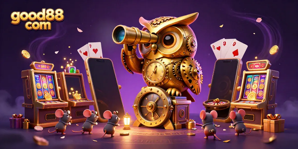 Experience the magic of good88 com's casino with an owl and whimsical patrons amidst vibrant slot games.