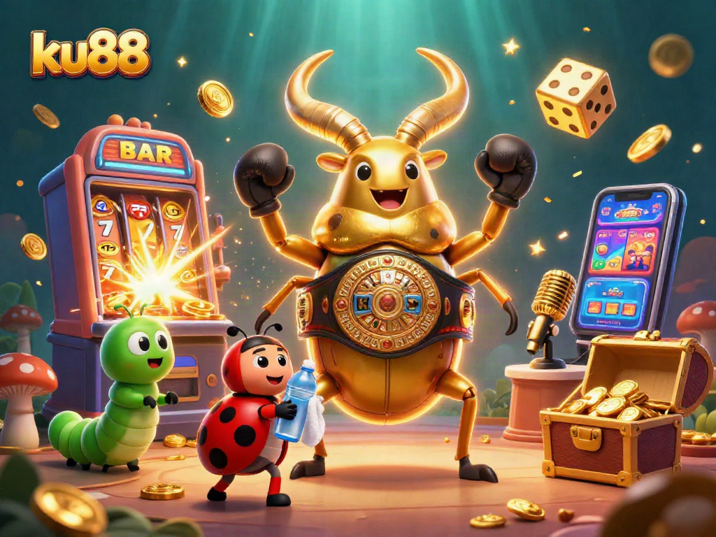 Experience thrilling casino excitement with ku88's giant beetle champion illustration in a colorful gambling scene.