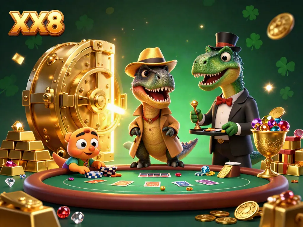 Experience the excitement of XX8 with a velociraptor card counter in a casino scene, highlighting the thrill of Blackjack.