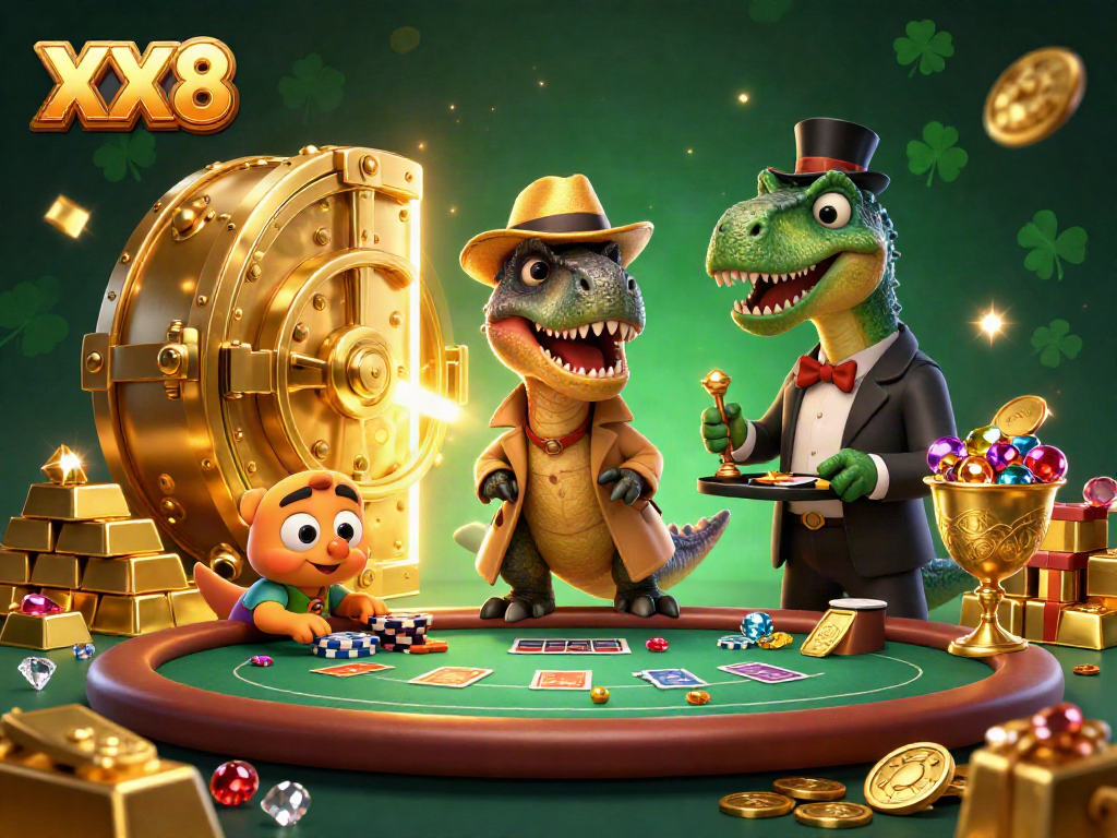 Experience the excitement of XX8 with a velociraptor card counter in a casino scene, highlighting the thrill of Blackjack.