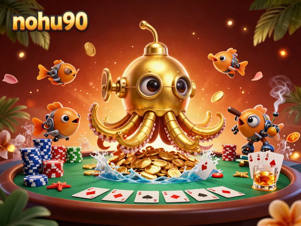 Engage with nohu90's vibrant gaming scene featuring a golden kraken and poker elements.