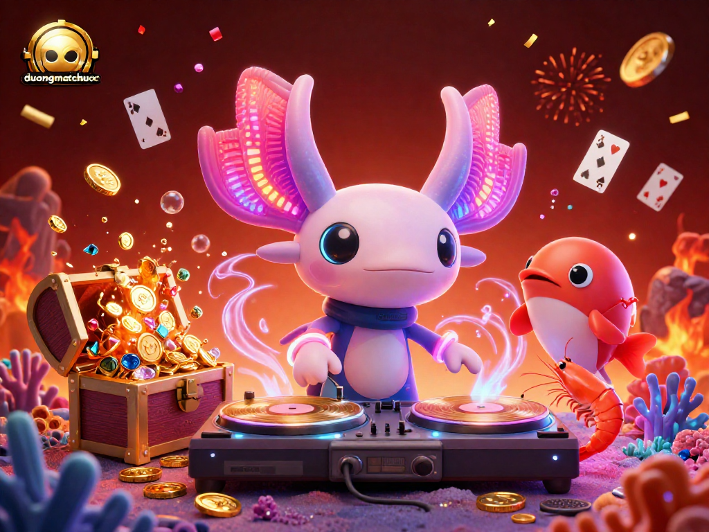 Experience the thrill of duongmatchuoc as the vibrant DJ spins, surrounded by energetic sea creatures promoting a lively gaming atmosphere.