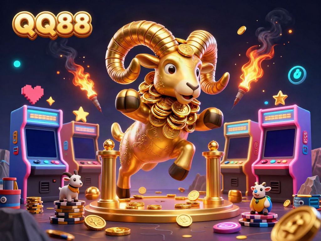 Experience the thrill of gambling with QQ88's golden ram and vibrant cinematic elements combined in an immersive casino scene.