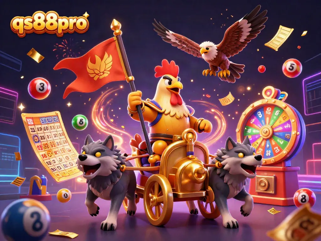 Engage with the excitement of qs88pro as the rooster warlord leads a vibrant slot game celebration.