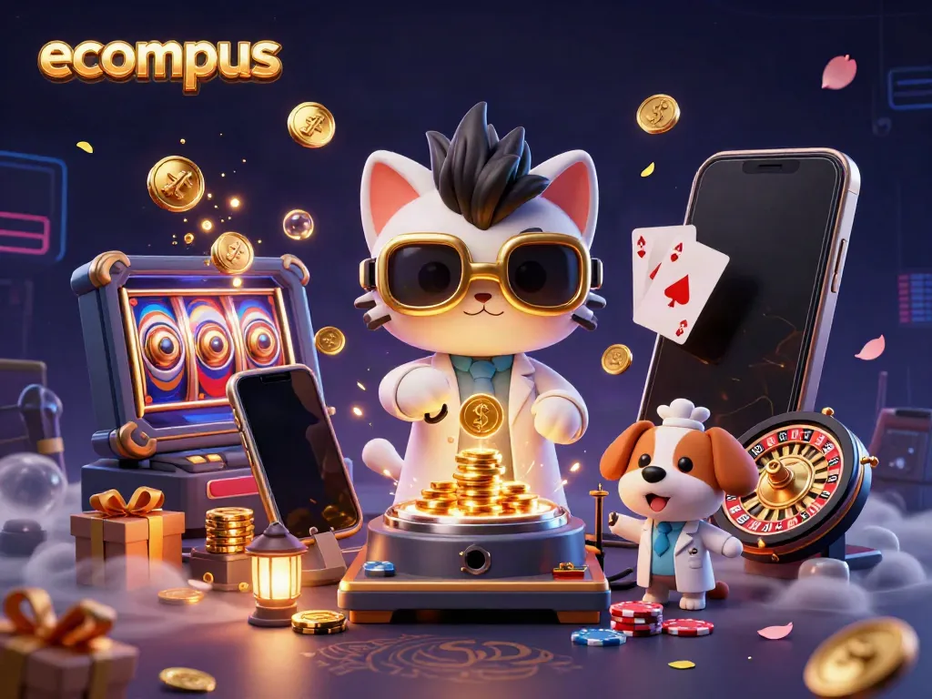 Engaging scene with ecompus' mad scientist cat creating a gold coin machine amid casino visuals.