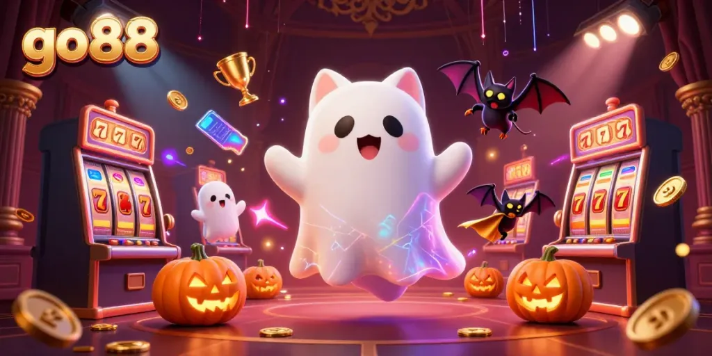 Experience the exciting world of go 88 casino games with a vibrant illustration of a friendly ghost cat and vampire bat amid glowing slot machines.
