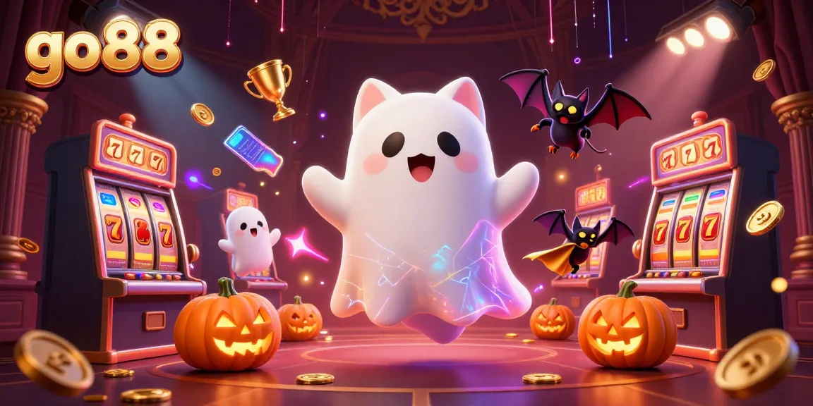 Experience the exciting world of go 88 casino games with a vibrant illustration of a friendly ghost cat and vampire bat amid glowing slot machines.